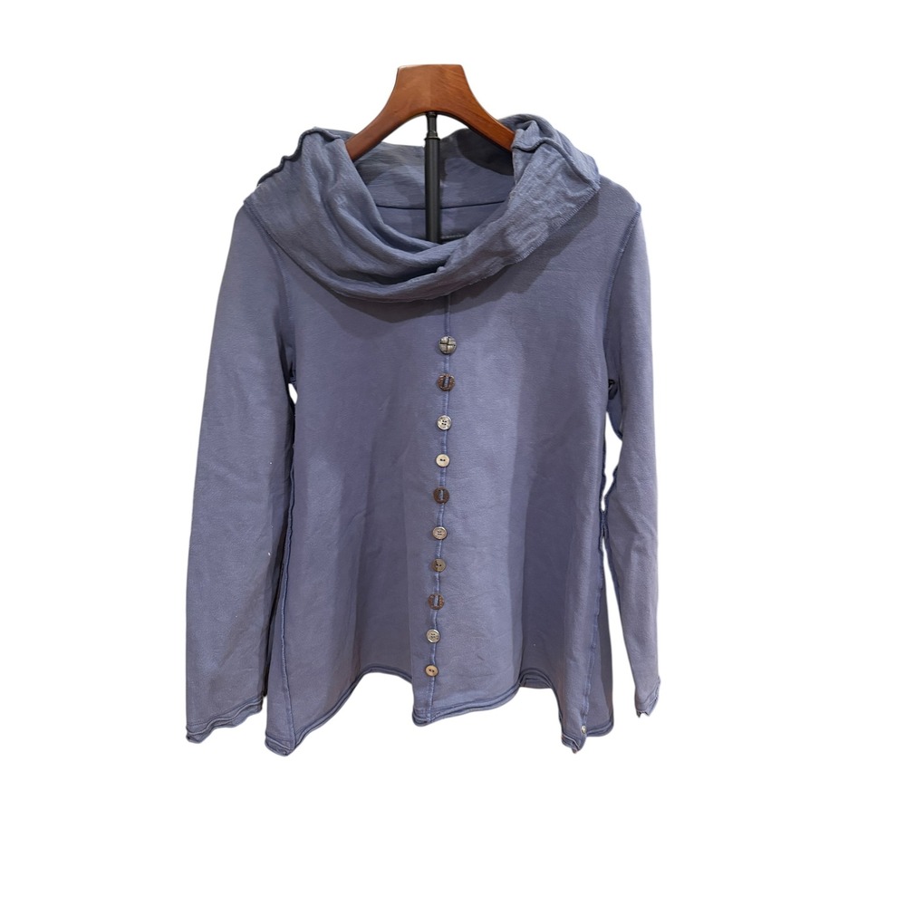 Neon Buddha Cowl Neck Button Front Top Blue Long Sleeve Cotton‎ Blend XS Boho